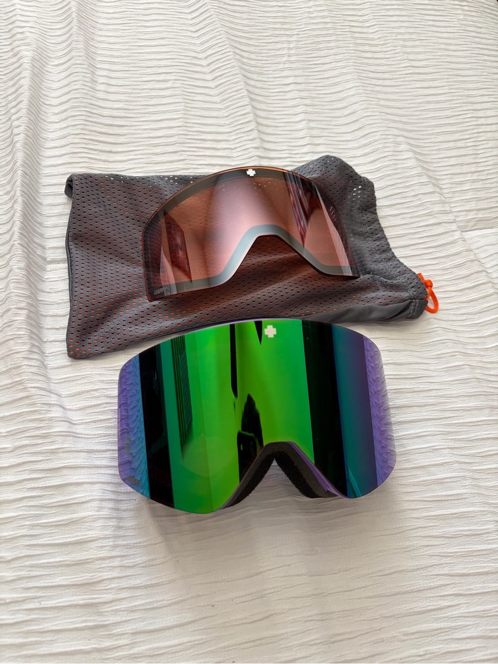 SPY Snow Goggles - Green / Purple Mirror Lenses + Purple Band + Snow day lenses